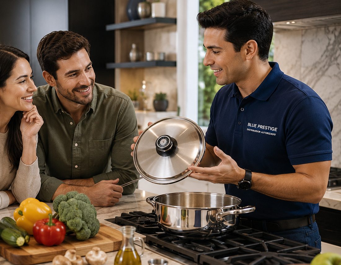 Representante comercial atendiendo a un cliente en un ambiente profesional.